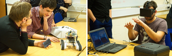Two photos of Project Showcase: a robot and a VR HMD.