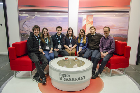 Pic of the 6 BBC challenge winning students 2015, sitting on sofa with Duncan in BBC studio.