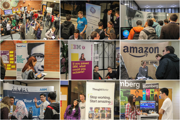 Montage of 9 photos from last week's careers fair, showing employers logos prominentsy